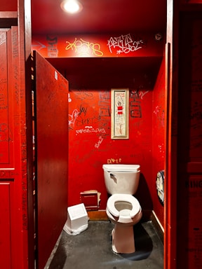 A dimly lit public restroom stall featuring red walls covered in various graffiti, stickers, and scribbles. In the center is a white toilet, and on the wall above it hangs a narrow framed image. A small trash bin is positioned beside the toilet. The overall scene is characterized by urban street art and a sense of disarray.