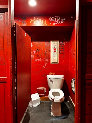 A dimly lit public restroom stall featuring red walls covered in various graffiti, stickers, and scribbles. In the center is a white toilet, and on the wall above it hangs a narrow framed image. A small trash bin is positioned beside the toilet. The overall scene is characterized by urban street art and a sense of disarray.