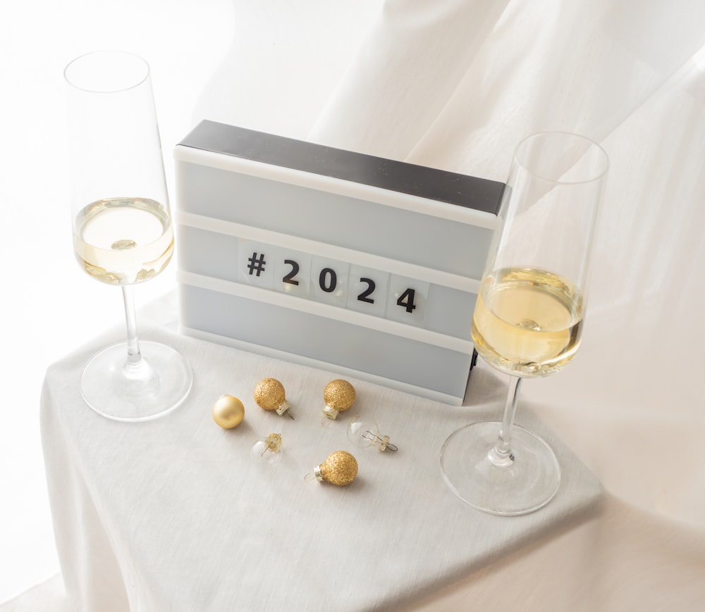 a glass of wine next to a card with a date on it