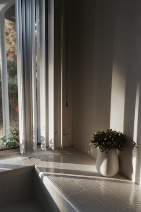 Light cascades through partially opened vertical blinds near a window, casting shadows on a large tiled surface. A small plant in a simple white vase is placed on the tiles, adding a natural touch to the serene setting.