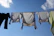 Soft, clean laundry hanging on a line outdoors under a bright sky.
