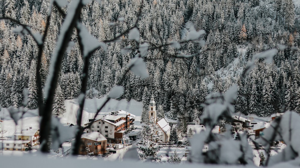 ein schneebedeckter Berg mit einem kleinen Dorf im Vordergrund