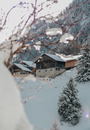 a snow covered mountain with a house in the background