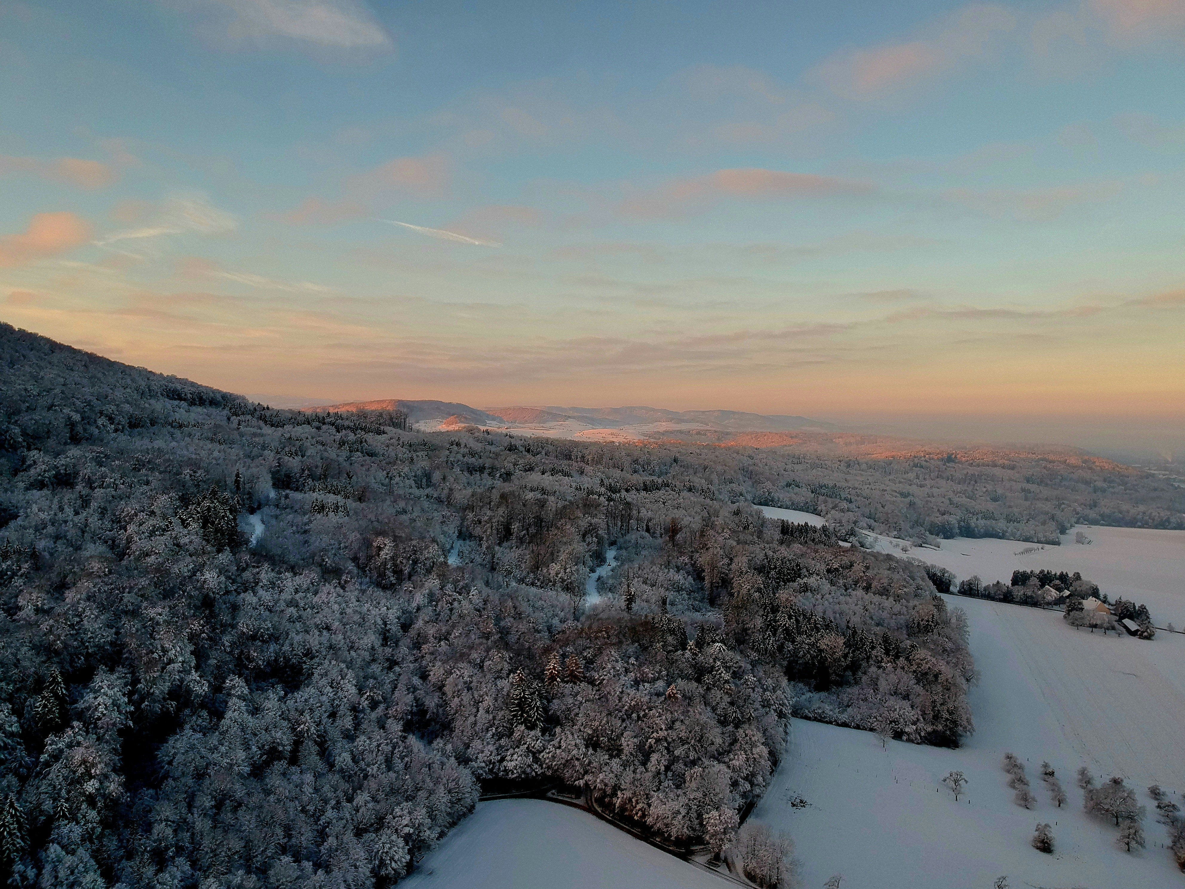 an aerial view of a snow covered forest