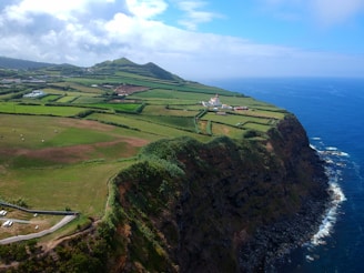 an aerial view of a lush green hillside next to the ocean