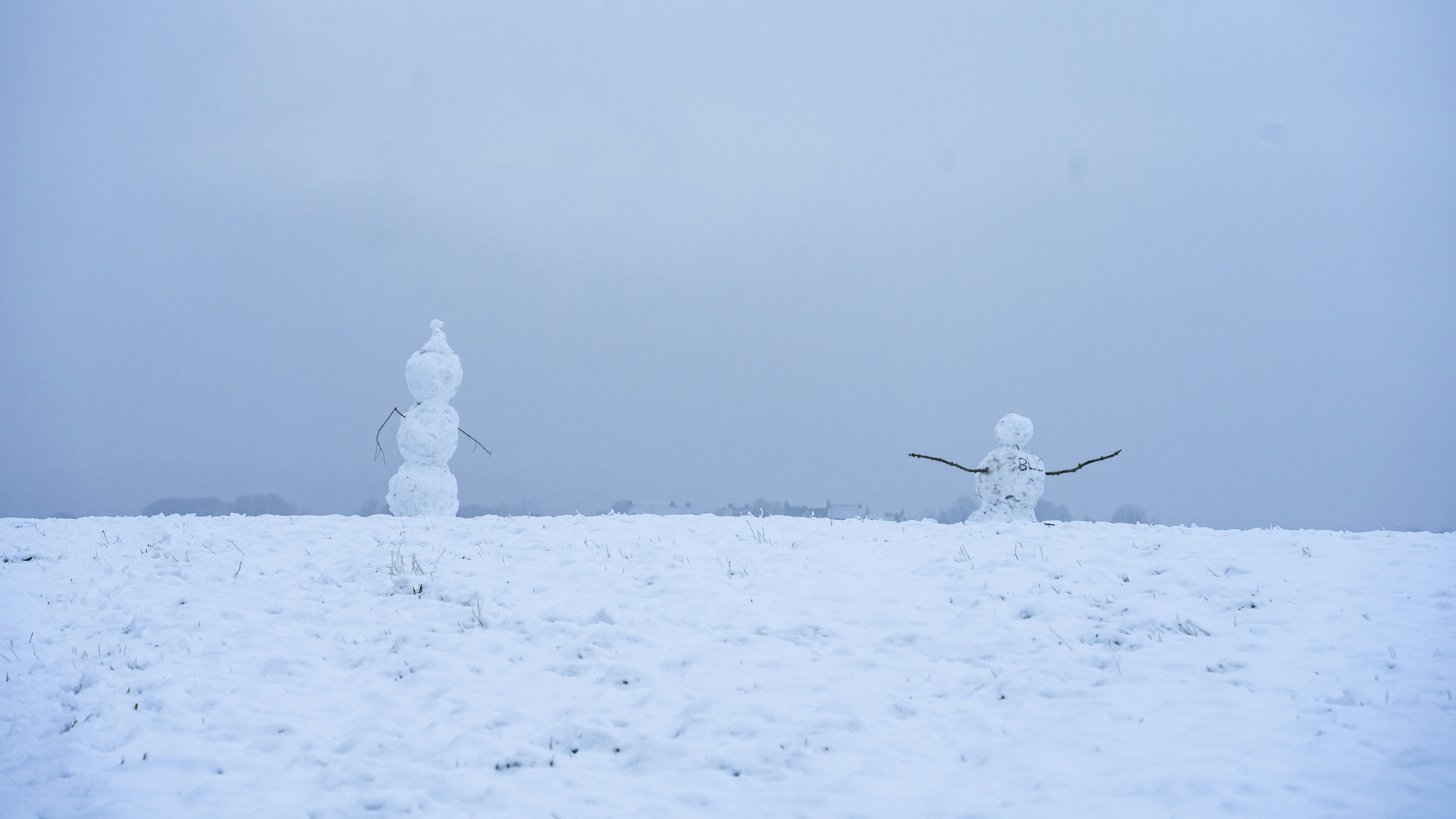 a couple of snowmen that are standing in the snow