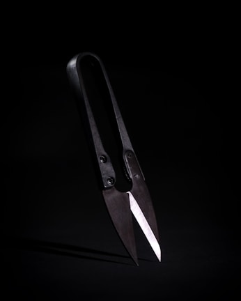 A pair of traditional black shears with sharp, overlapping blades positioned against a dark background. The lighting emphasizes the metallic sheen of the blades and the aged appearance of the handles.