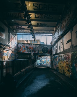 A dimly lit urban alley with graffiti reflecting raw emotions and street wisdom.