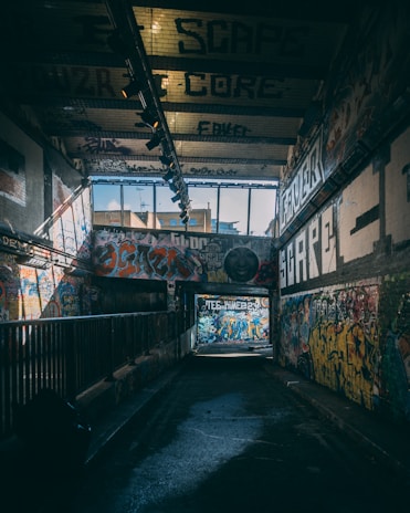 A dimly lit urban alley with graffiti reflecting raw emotions and street wisdom.