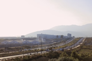 Wide shot of a busy Tijuana industrial area highlighting local business activity