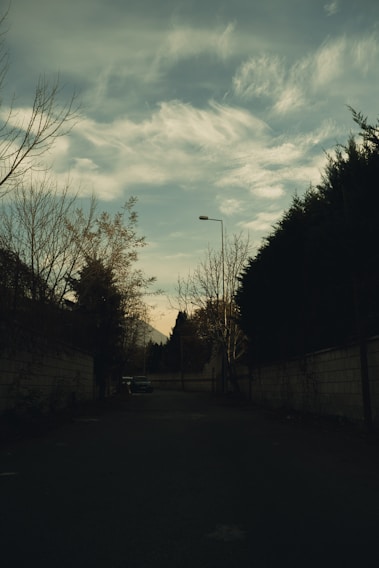 A quiet street corner bathed in the soft glow of early morning light, with shadows stretching long and still.