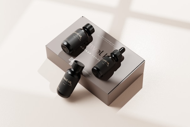 An elegant display of multiple Shopiks supplement bottles lined up on a black reflective surface.