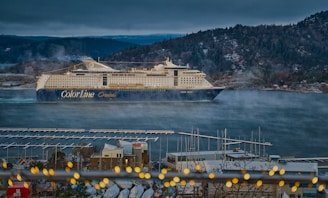 a cruise ship in the water near a dock
