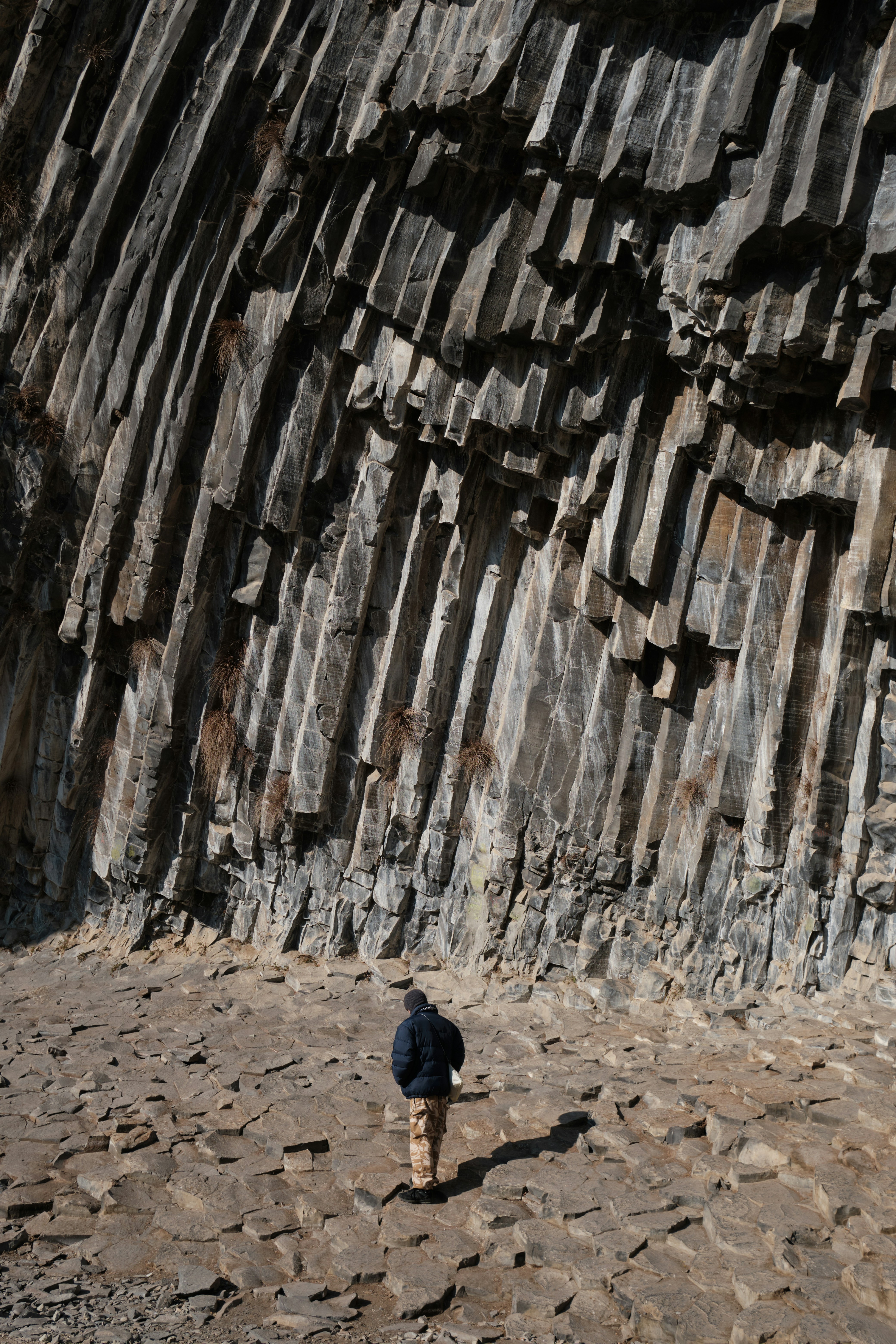 a person standing in front of a large rock formation