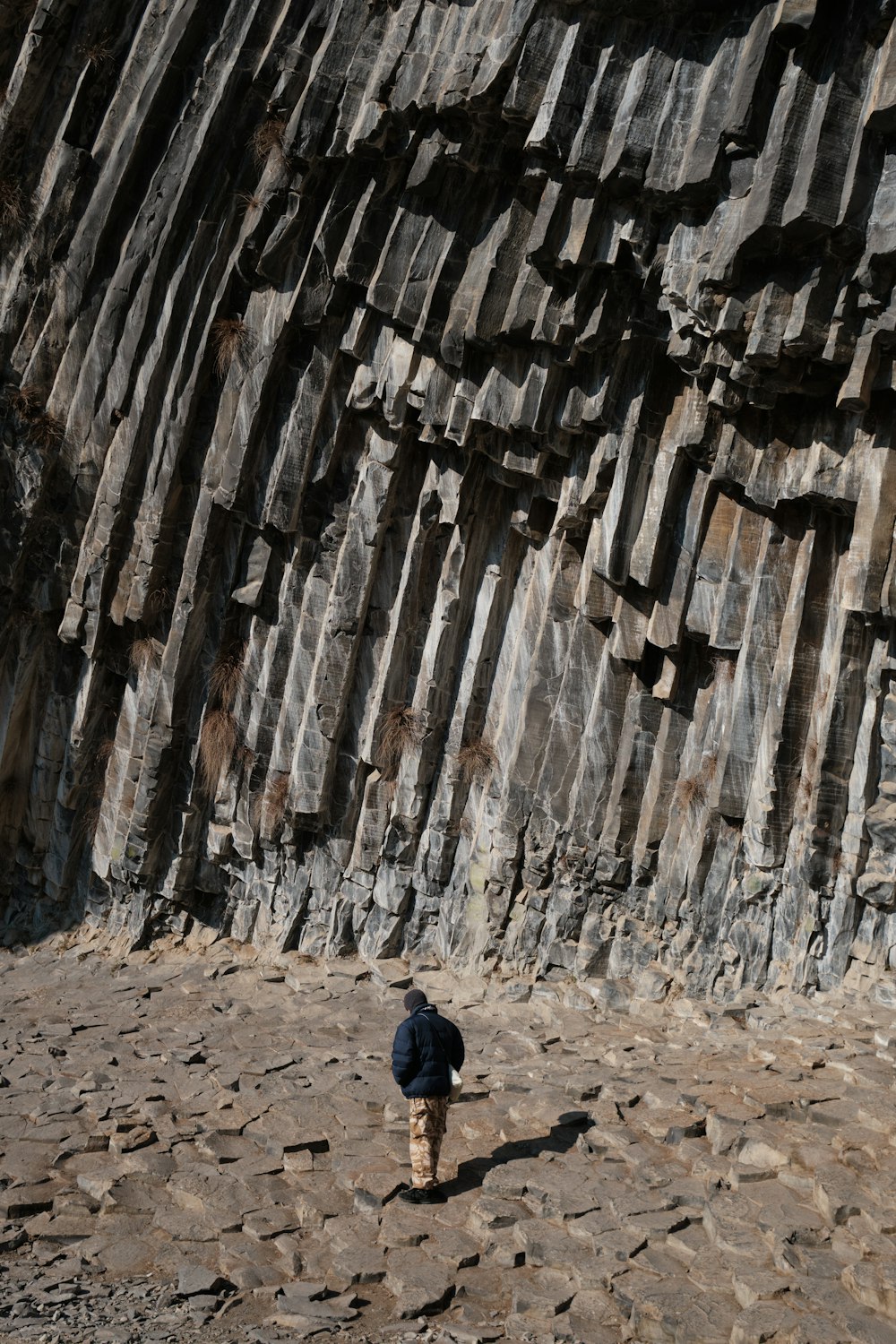 a person standing in front of a large rock formation
