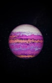 A vibrant, swirling planet set against the dark backdrop of space. The surface of the planet features swirling patterns predominantly in shades of purple and pink, with accents of white and light yellow. The planet appears artistic and surreal, resembling a marbled effect.