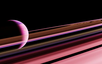 A celestial scene featuring a planet with a pink hue partially visible on the left, surrounded by a series of rings that extend horizontally across the image. The rings display varying shades of pink, brown, and white, set against the backdrop of deep space.
