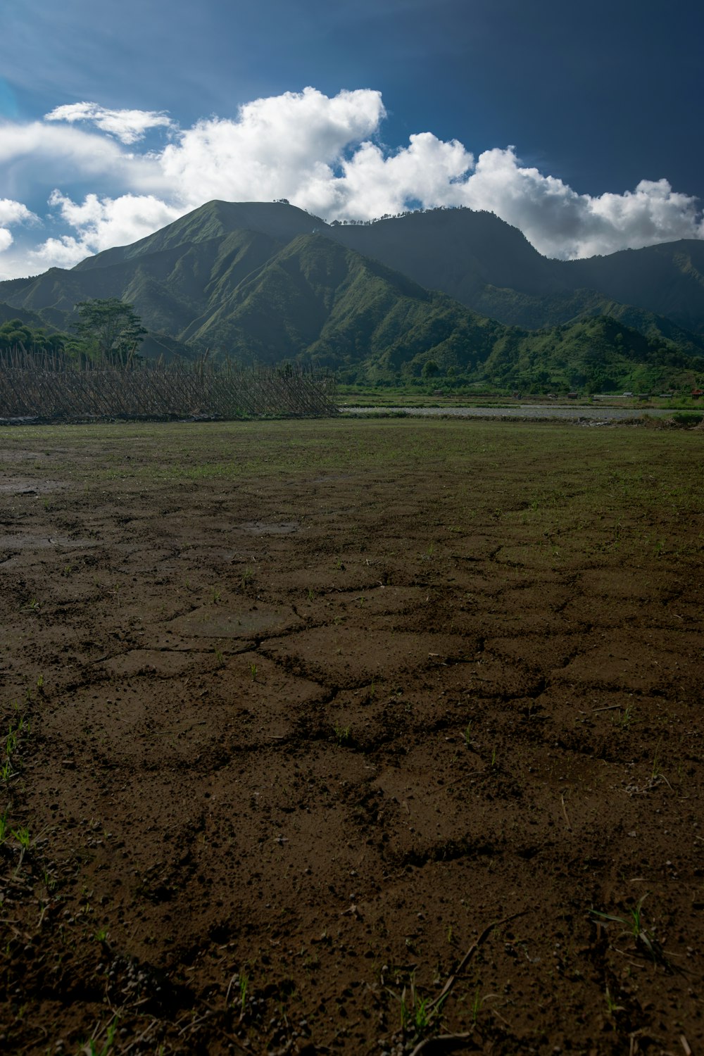 un campo de tierra con montañas al fondo