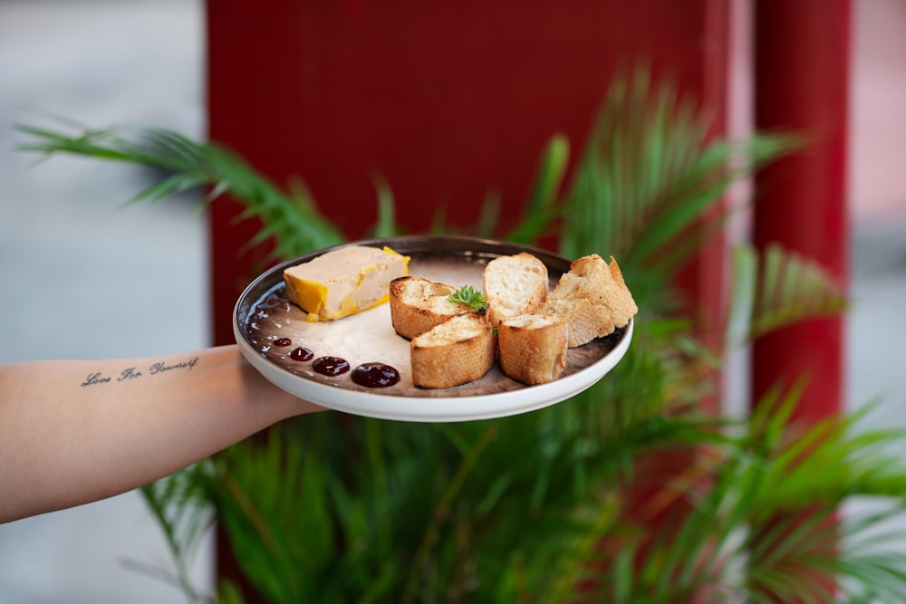 a person holding a plate with food on it