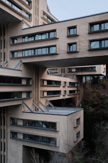 An architectural structure with sections of the building extending outward and large, rectangular windows. The design incorporates modern elements with a beige facade, and protruding metal beams. The setting is surrounded by leafless trees and other vegetation, contributing to a somewhat stark and urban atmosphere.