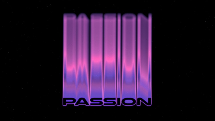 A black background with stylized text that reads 'PASSION' in a font that appears to be melting or distorted. The text has a gradient of vibrant colors, including purple and pink hues.