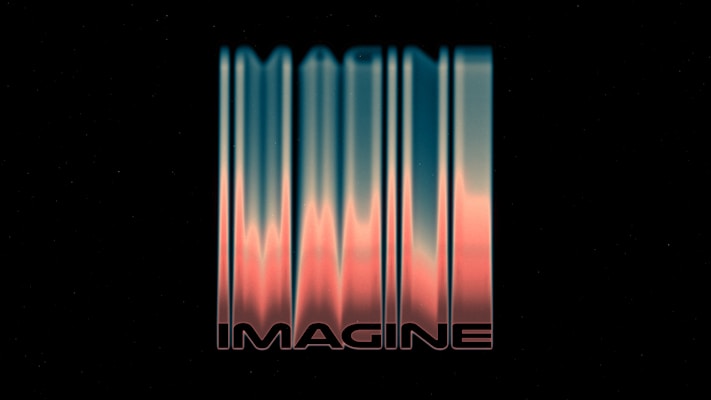 A digital artwork with a futuristic vibe, featuring the word 'IMAGINE' in a stylized font. The background is a gradient with smooth waves of blue and pink hues under a black backdrop.