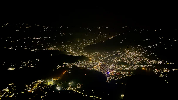 An intricate illustration of a cityscape at night illuminated by thousands of tiny lights.