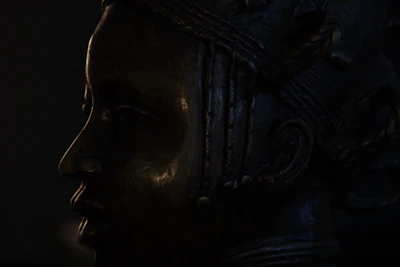 a close up of a statue in the dark