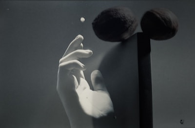 A monochrome composition featuring a hand reaching towards a small sphere. Two dark, spherical objects appear elevated and balanced on a vertical rod, casting shadows against a flat backdrop.