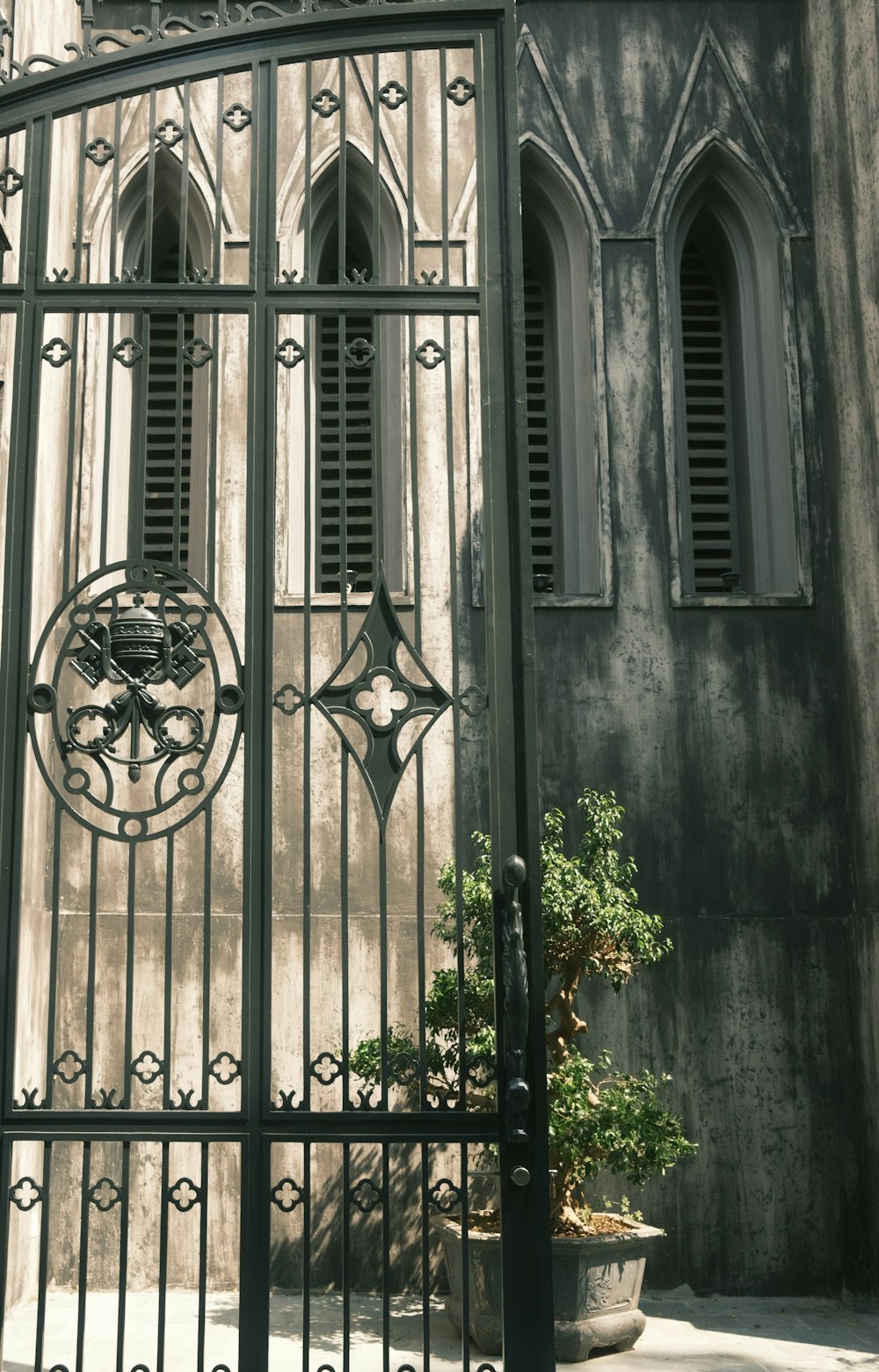 a gate that has a potted plant in front of it