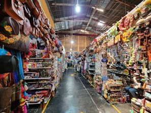 A vibrant marketplace filled with diverse products on display.