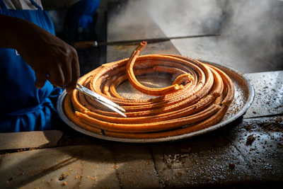 Frozen churros being prepared for frying in a modern fast-food kitchen setting.