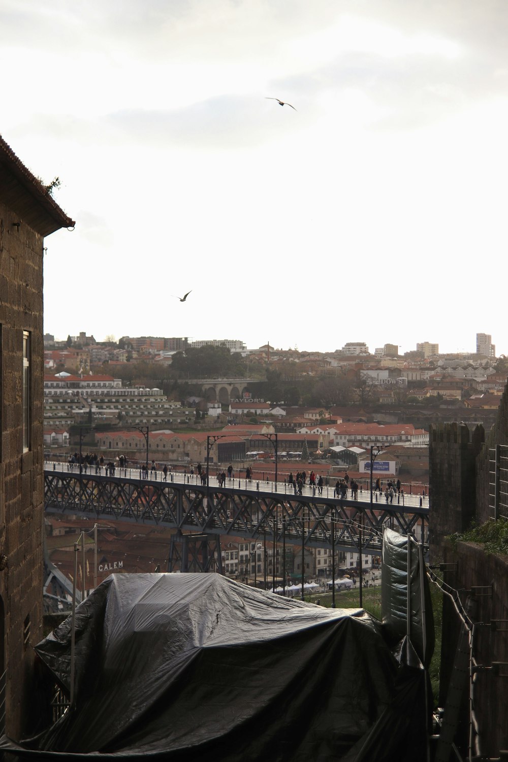 a view of a city with a bridge in the background