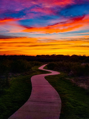 A vibrant sunset over a winding forest trail, inviting adventure and exploration.