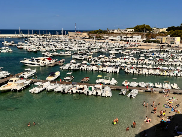 Panoramic shot of Urla marina filled with sleek yachts under a clear blue sky.