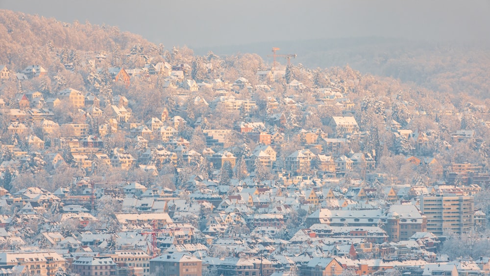 Una vista de una ciudad con mucha nieve