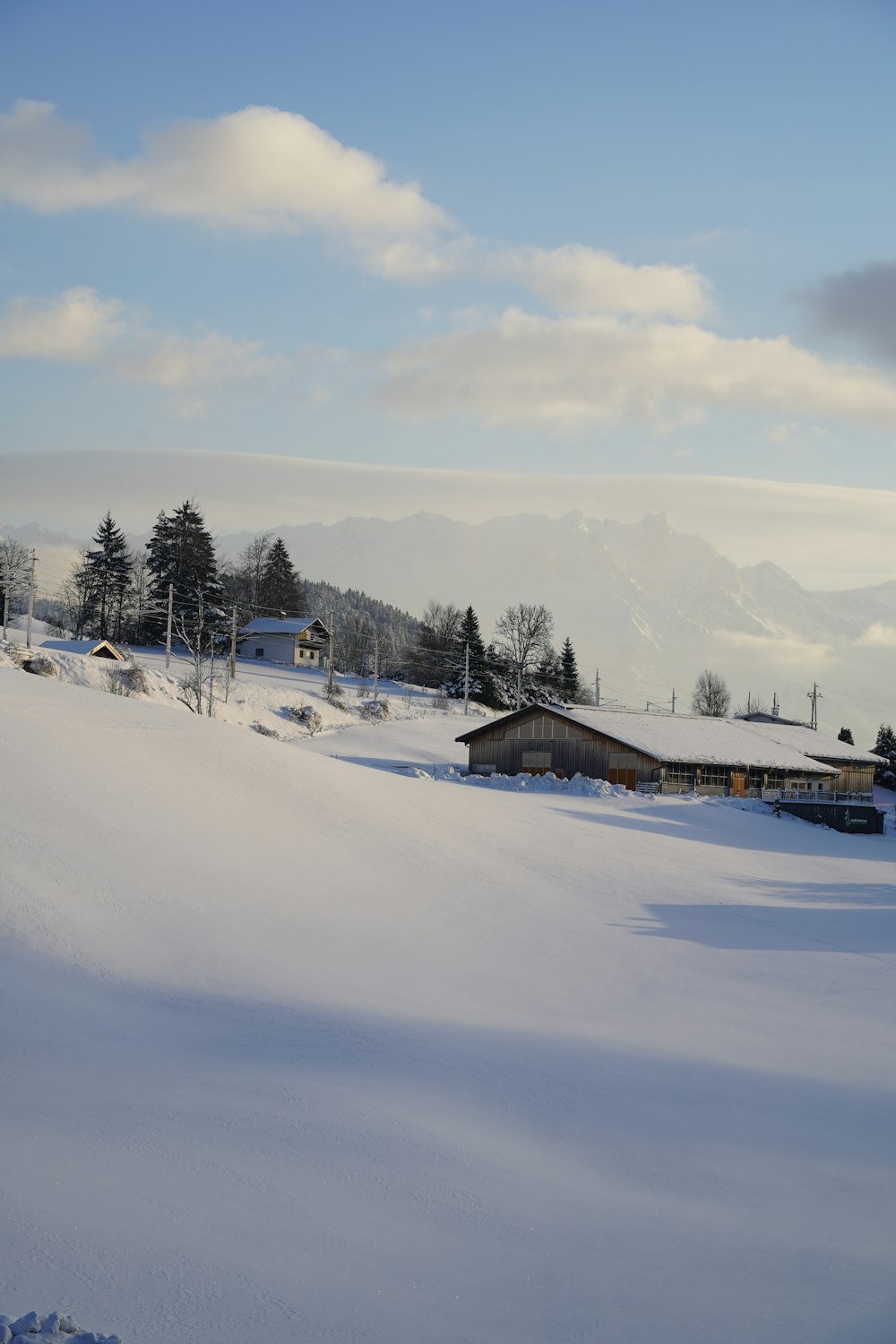 un champ enneigé avec une maison au loin