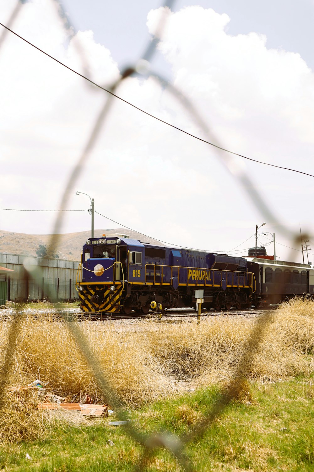 a train traveling down train tracks next to a lush green field