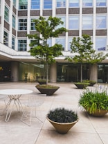 An urban courtyard featuring modern architecture with large windows and a clean, minimalist design. The space includes several planter pots with green plants and trees, as well as a white metal table and chairs. The surroundings indicate a calm and organized atmosphere, likely part of an office or commercial building.