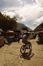 A cyclist exploring a vibrant market, showcasing local culture and cuisine.
