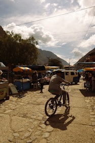 A cyclist exploring a vibrant market, showcasing local culture and cuisine.