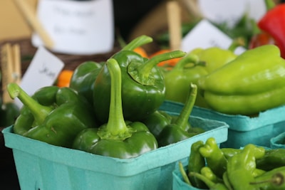 Fresh green bell peppers arranged in a neat row on a market stand.