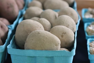 Several unpeeled potatoes are placed inside a blue carton container, commonly used for produce at markets. The potatoes have a rough, earthy surface texture. The background contains more similar containers with other produce.