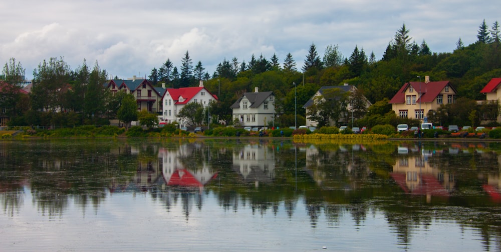 a body of water with houses and trees in the background