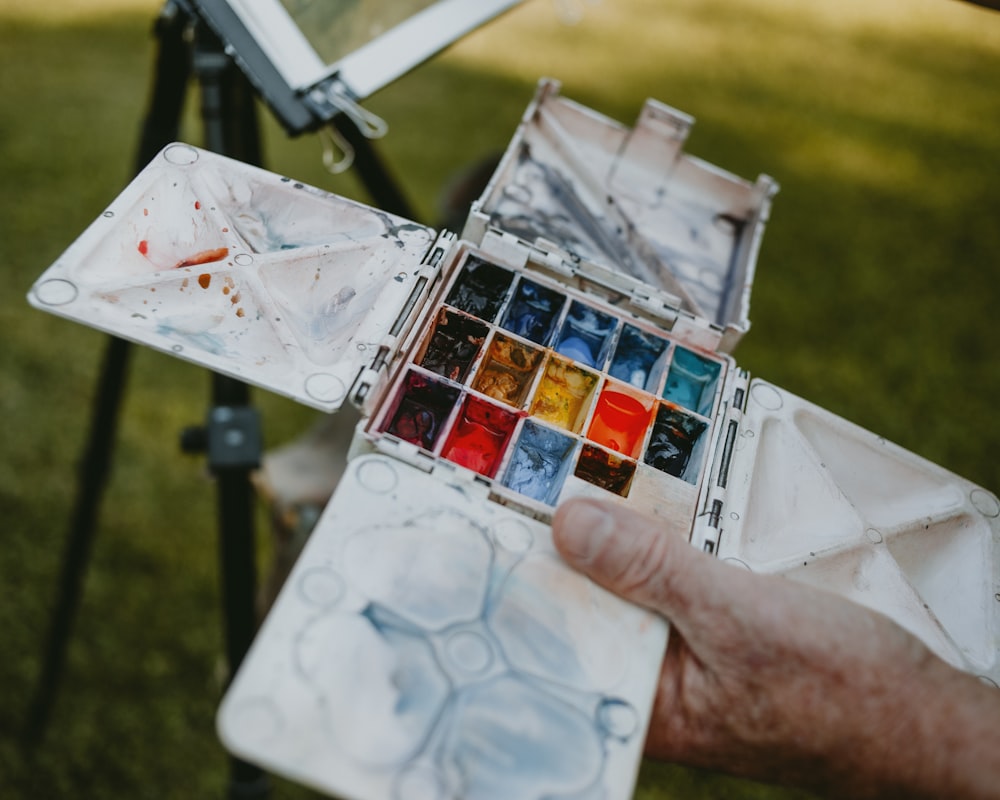 a person holding a paint palette in their hand