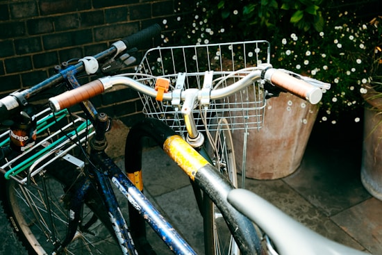 Two bicycles are parked close to each other, featuring baskets attached to the handlebars. One of the bikes has a worn and rusted frame, with a drink can placed in its rear rack. The setting includes potted plants with small white flowers and a brick wall backdrop, casting natural light and shadows on the scene.