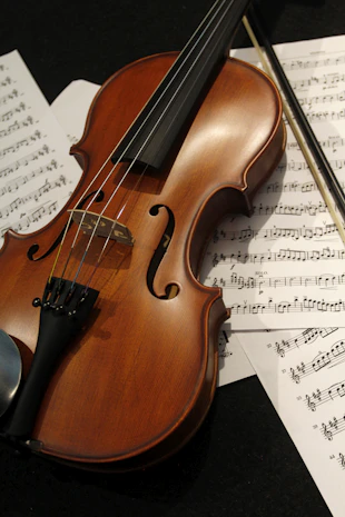 a violin sitting on top of sheet music