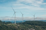 A wide shot of towering wind turbines spinning gracefully against a bright blue sky.