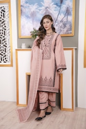 A woman is standing indoors wearing a traditional pink outfit with intricate patterns. She is posing in front of a decorative background with a painting of palm trees and a shelf with small decorative items. Her hair is styled in loose waves and she is wearing black shoes.