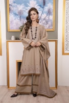 A person is dressed in a traditional beige outfit featuring intricate embroidery and embellishments. The attire consists of a long top, loose pants, and a matching dupatta. The individual is standing in a room with a light color palette, and a framed picture of palm trees against a bright sky is displayed in the background. The setting includes a decorative element with gold accents and a light wooden floor. The person has long, wavy hair styled elegantly and is wearing statement earrings and a necklace.